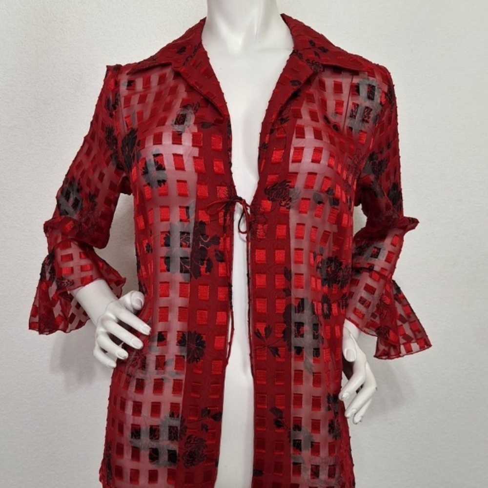Notations Red Black Floral Romantic Academia Sheer Bell Sleeve Blouse Size M